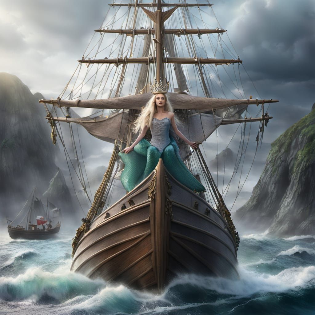 Girl Falls to Mermaid on Sailing Ship at Sea