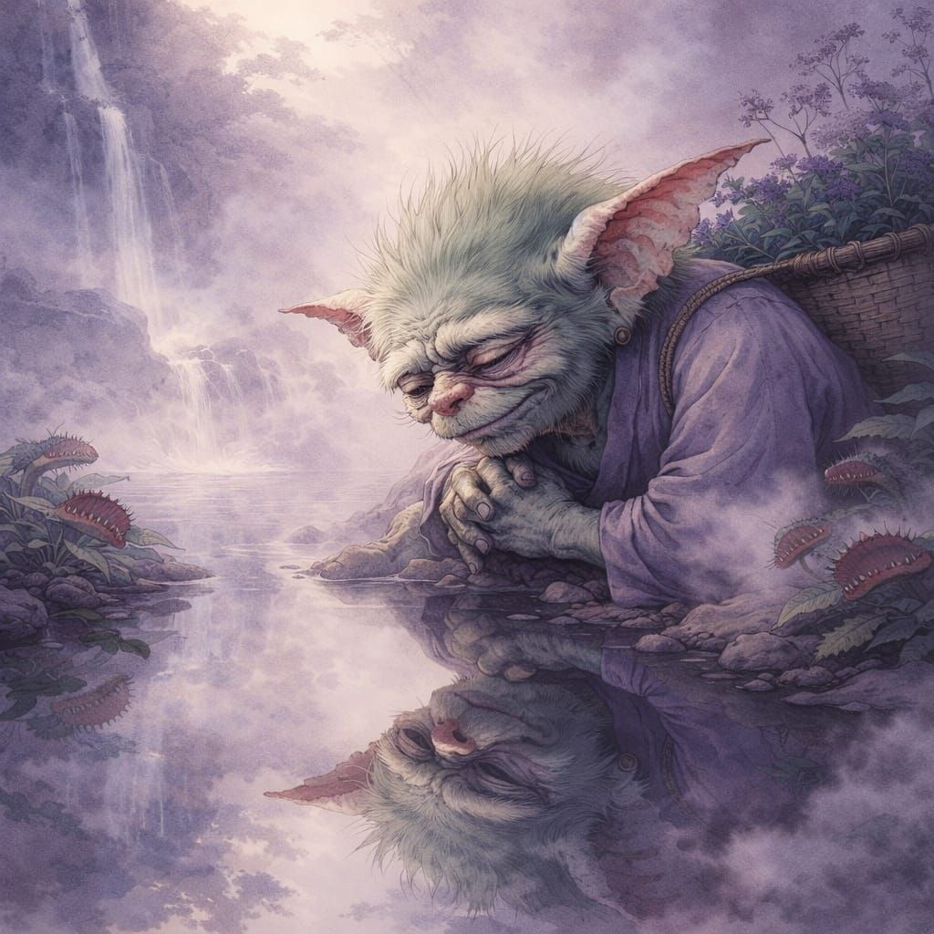 Gremlin Contemplates Reflection in Misty Pond