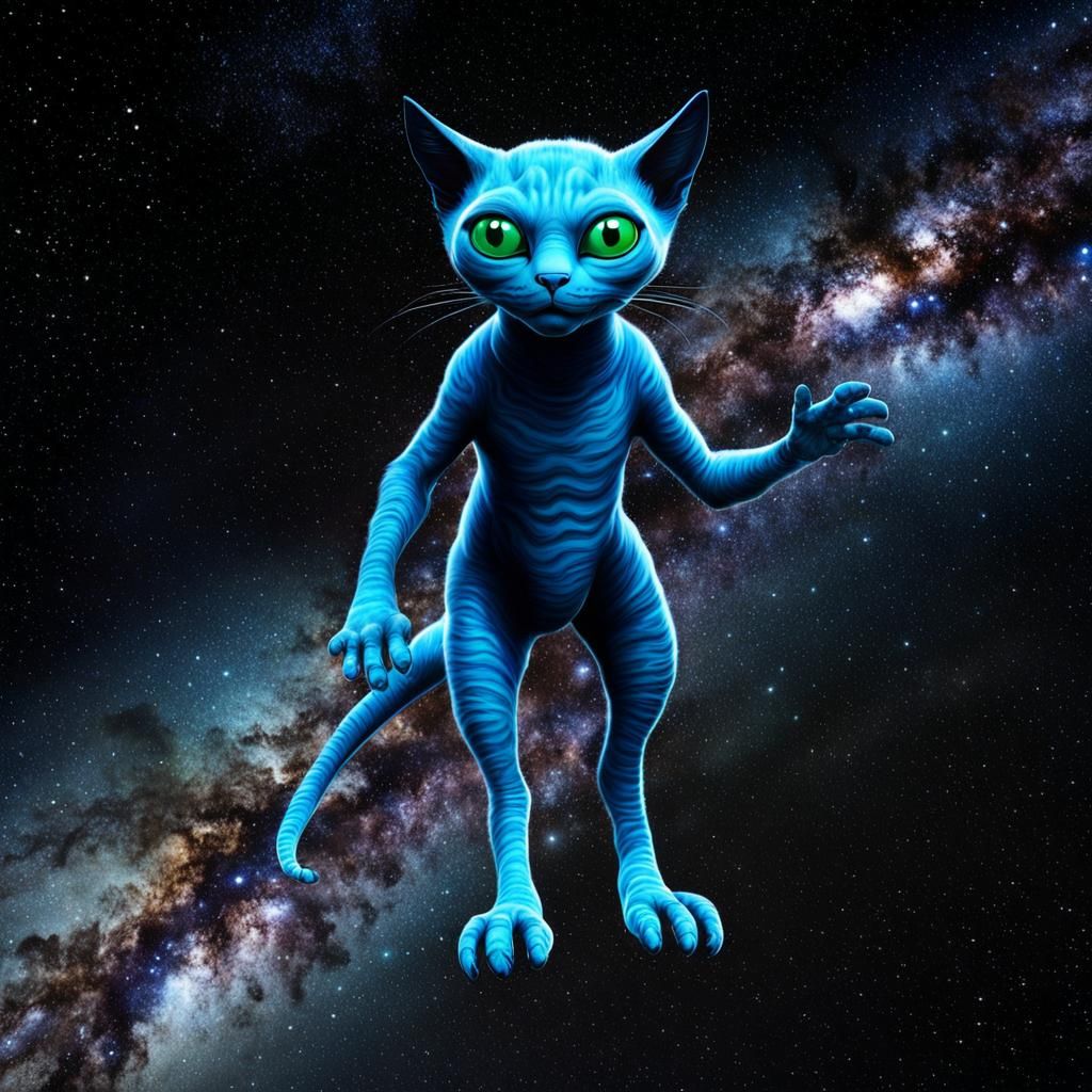 Blue Alien Cat with Two Tails in Space