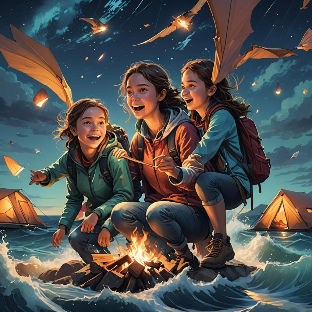 Sisters and Brother Camping at Night: Hyperrealistic Splash ...