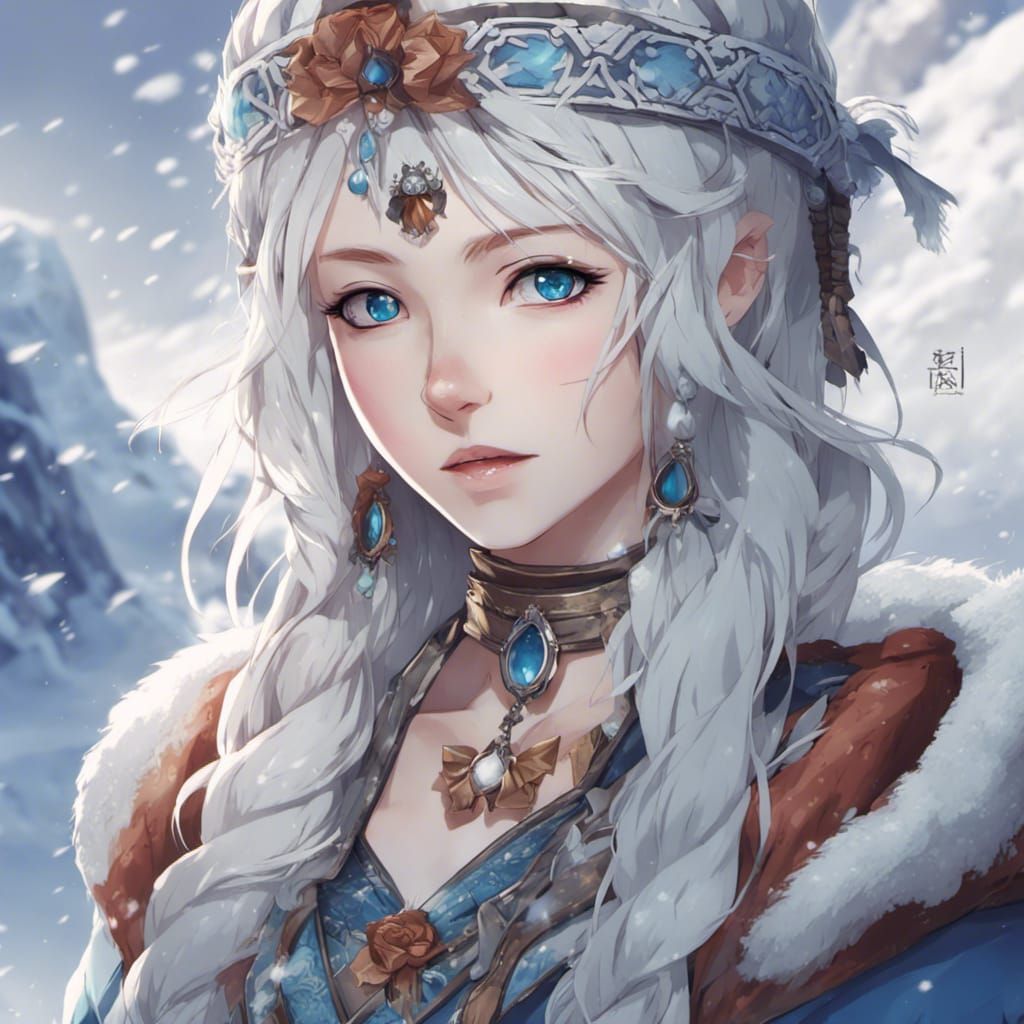 Anime Girl with Bow in Winter Landscape