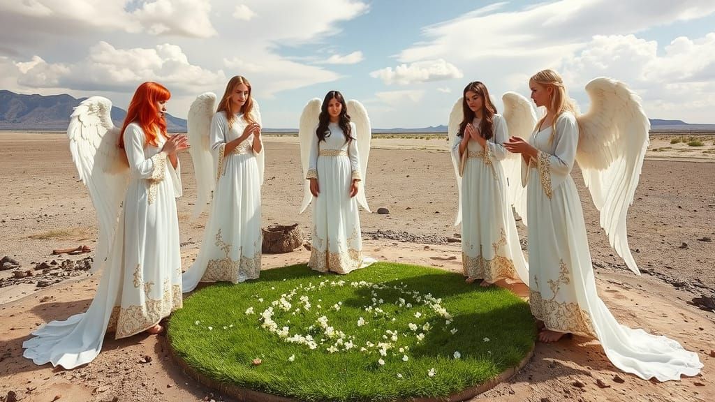 Angelic Beings in Oasis Amidst Wasteland