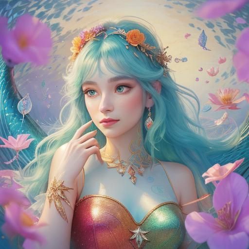 Mermaid with Peacock Tail in Dreamlike Waters