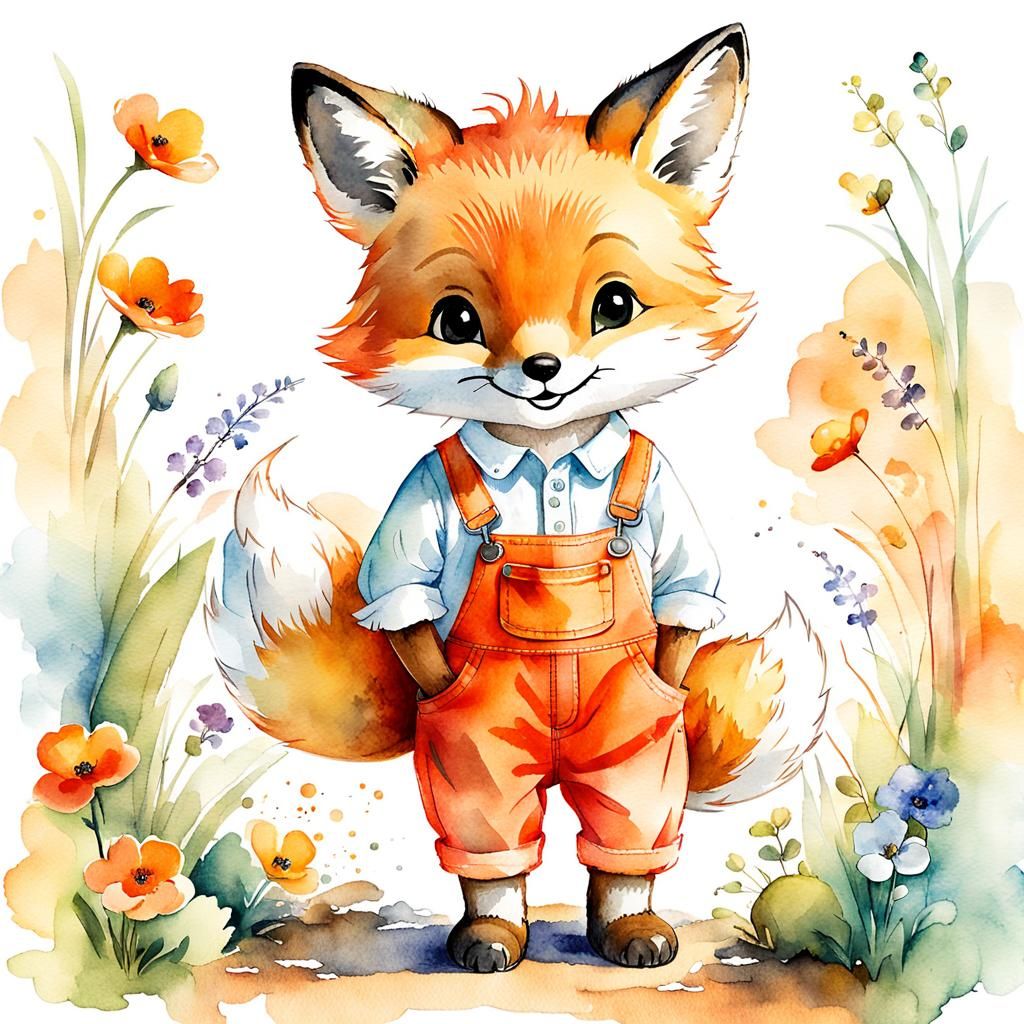 Cute Toy Fox in Whimsical Watercolor Illustration
