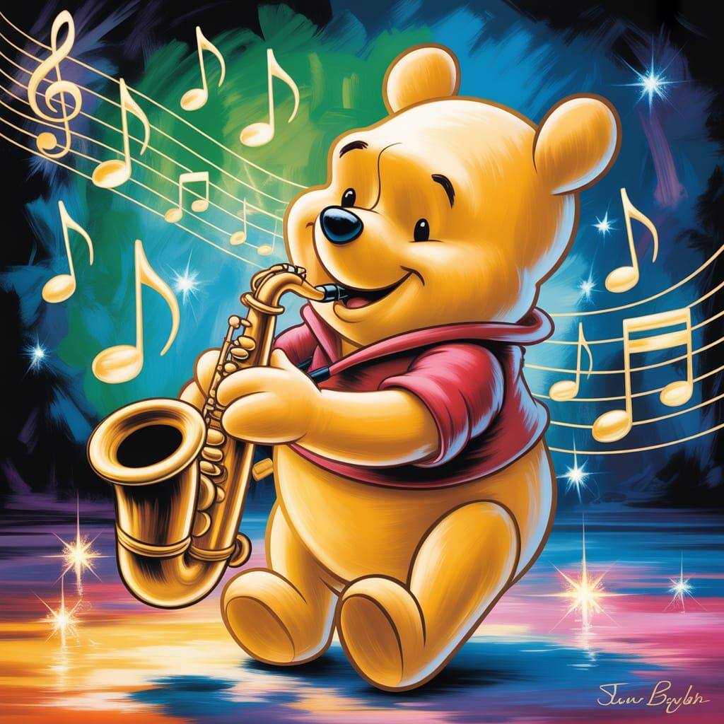 Winnie the Pooh Plays Saxophone as Oil Painting