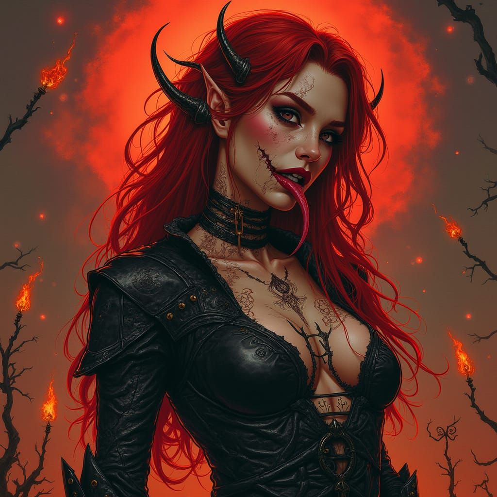 Demonic Red-Haired Woman with Snake Split Tongue in Dark Got...