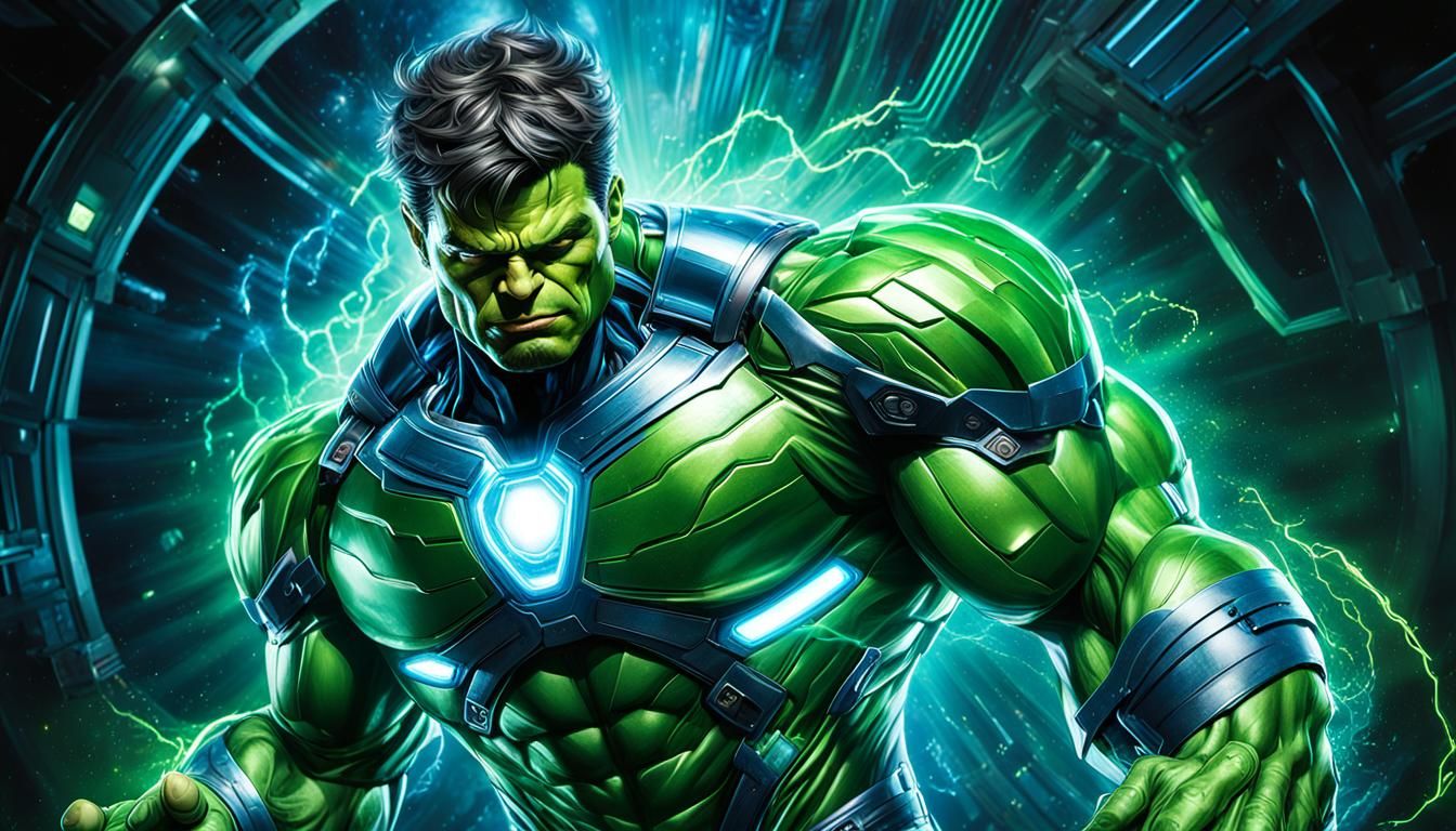 Green Superhero in Quantum Vortex, Digital Art