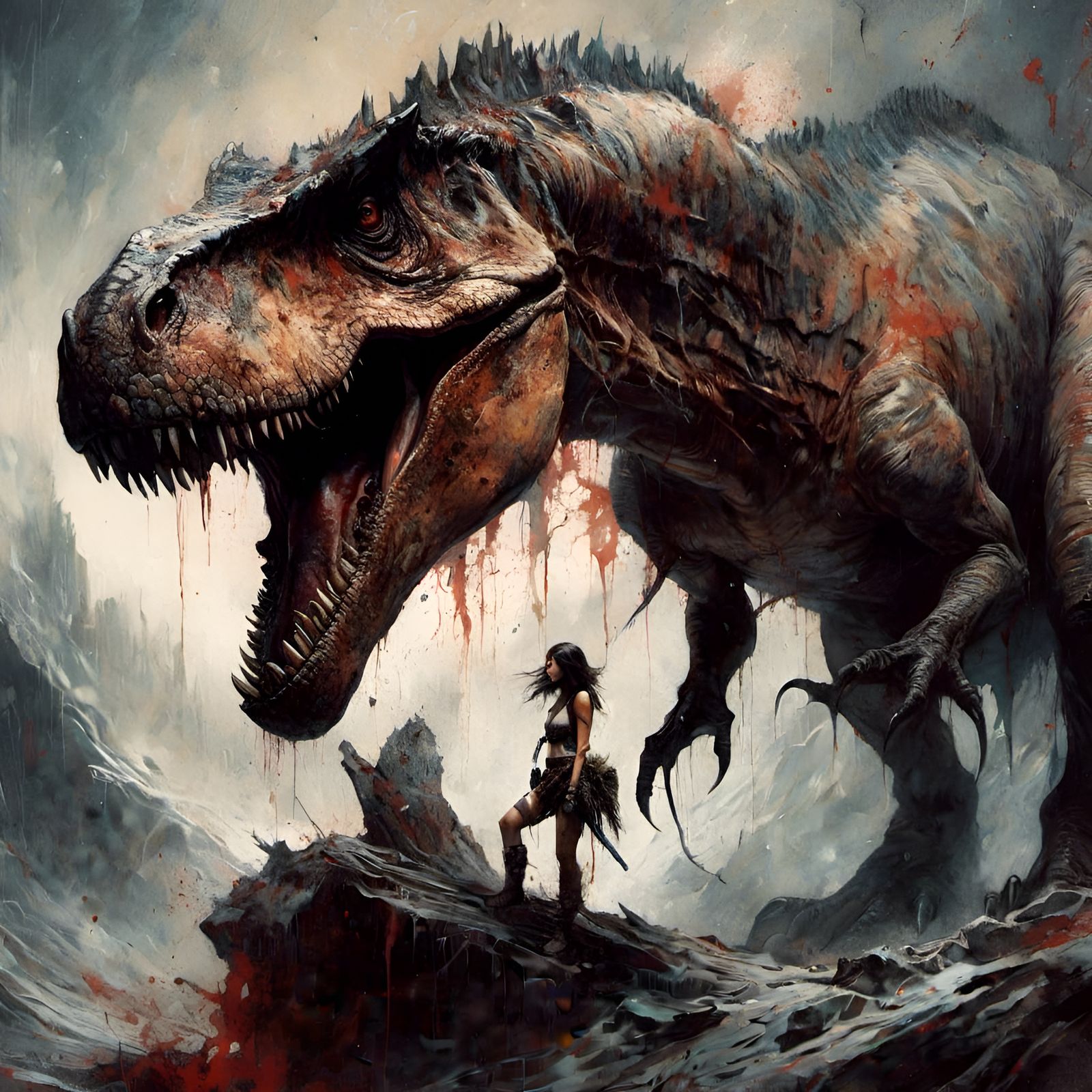 Prehistoric Girl Rides T-Rex: Colorful Ink Portrait