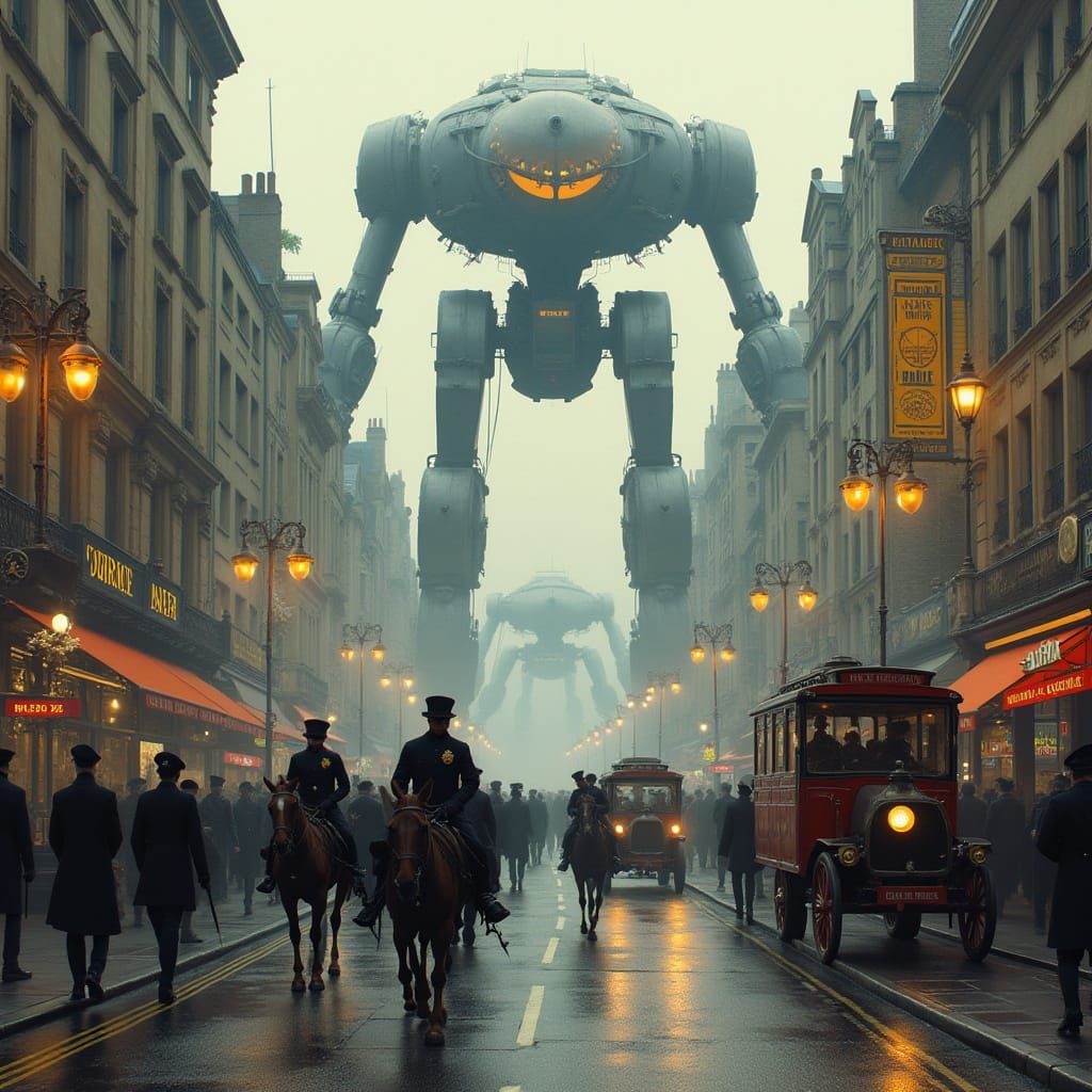 Steampunk Robots Patrol Victorian London, Matte Painting