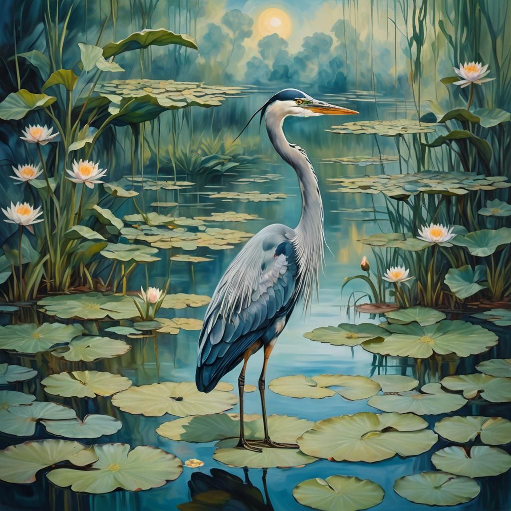 Dreamlike Heron in Surrealist Oil Painting