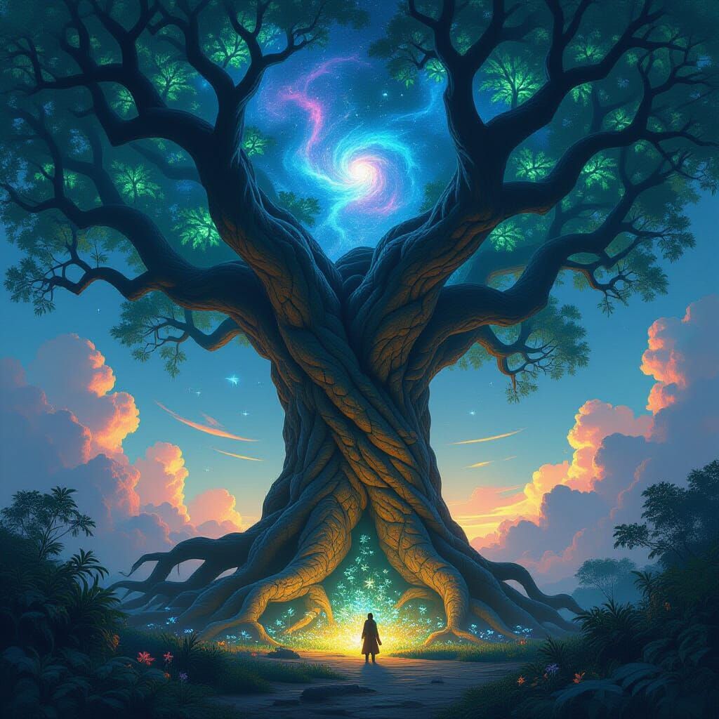 Colossal Ancient Tree Portal in Nebula Sky