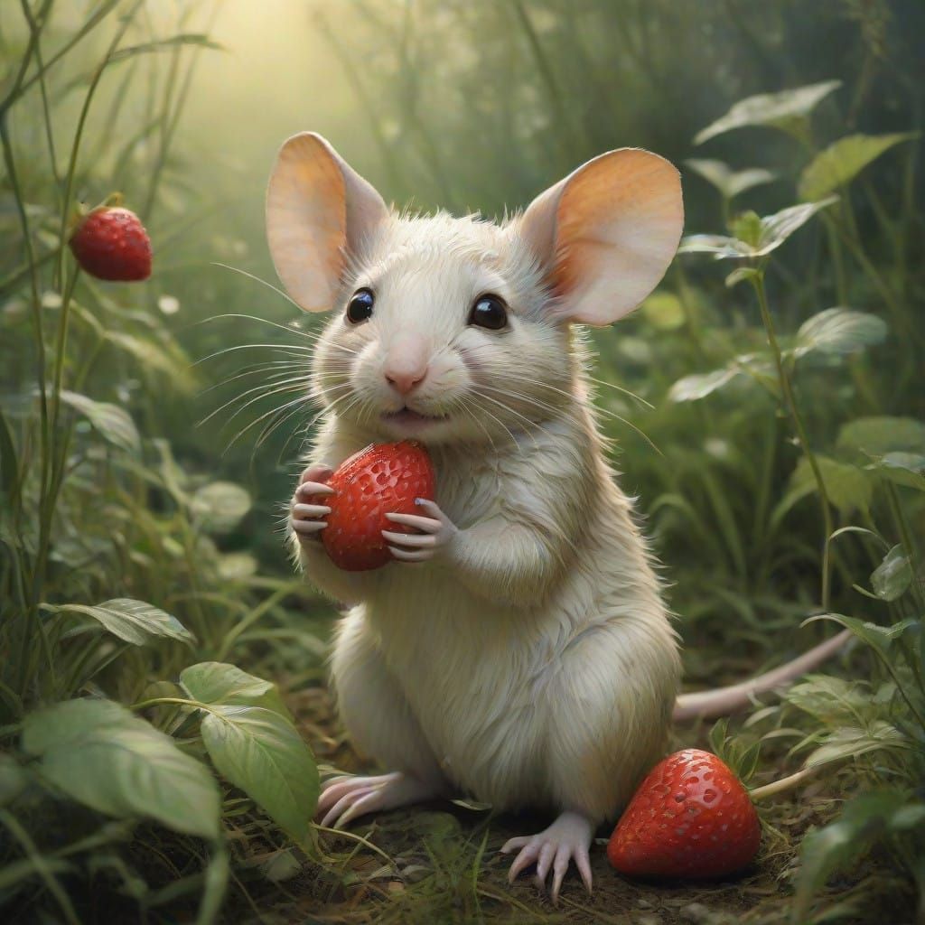 Whimsical Mouse Savoring a Luscious Strawberry in a Sunny Me...