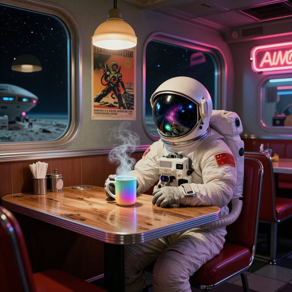 Astronaut in Retro Diner on Alien Planet