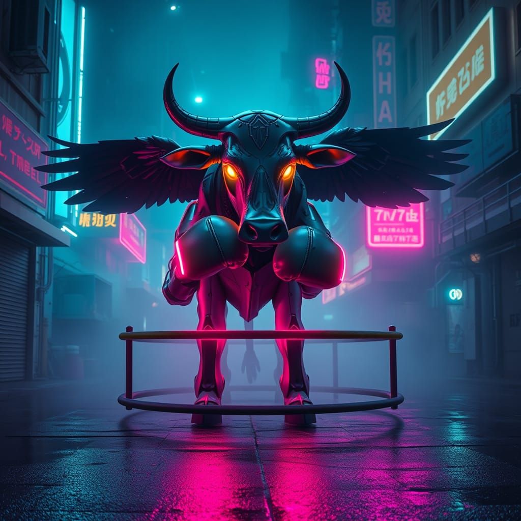 Cyberpunk Mecha Cow Boxer in Dystopian City