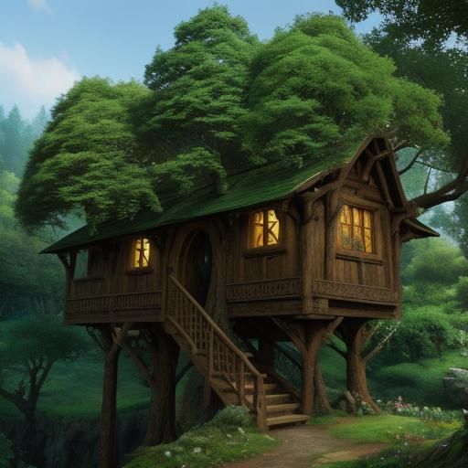 Hyperrealistic Hobbit Treehouse in Cinematic Fantasy Style
