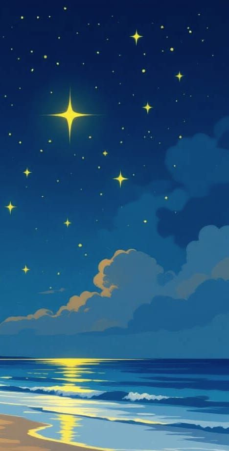 Vibrant Night Sky Over Beach with Yellow Starry Glow