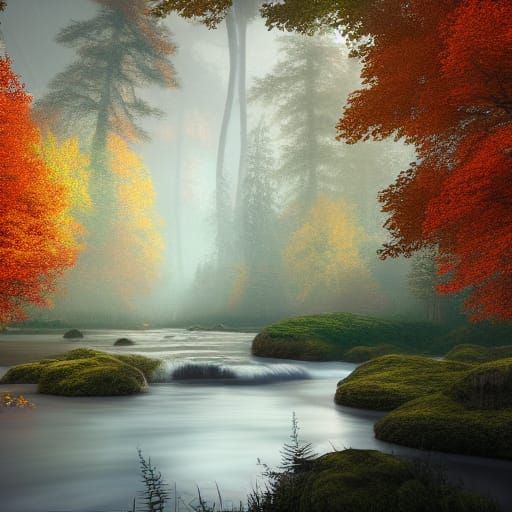 Autumn Forest River in Detailed Matte Painting