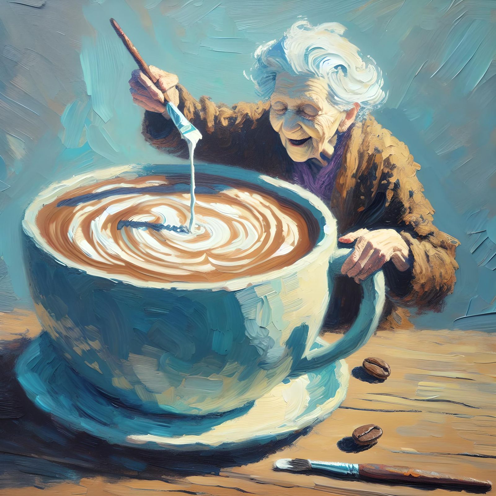 Elderly Woman's Whimsical Latte Bath: Impasto Oil Painting