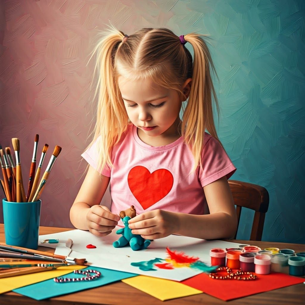 Girl Making Teddy Bear, in Oil Painting Style
