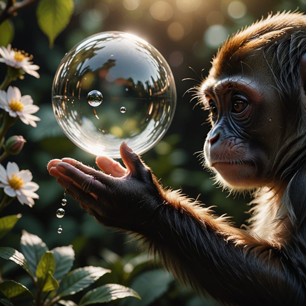 Tiny Monkey's Gentle Touch on a Shimmering Bubble in a Vibra...