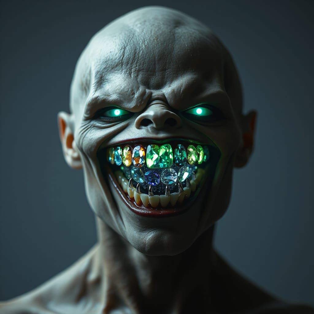 Evil Smirk Portrait: Sapphire Teeth in Eerie Light