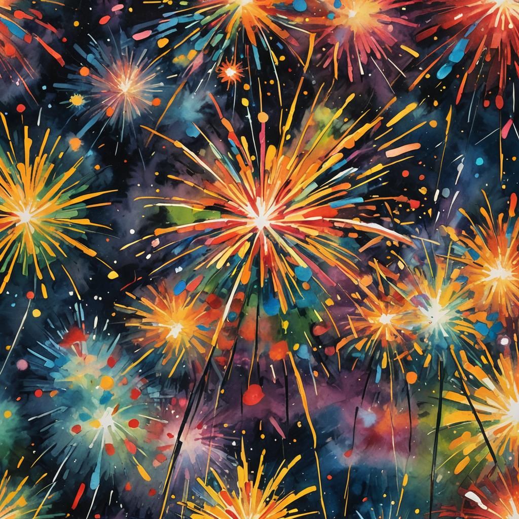 Colorful Fireworks Explode in Gouache Impasto Style