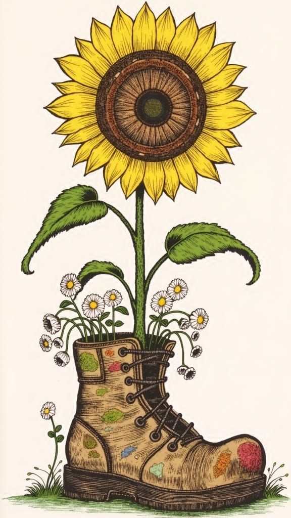 Vibrant Patchwork Sunflower Emerges from Vintage Boot