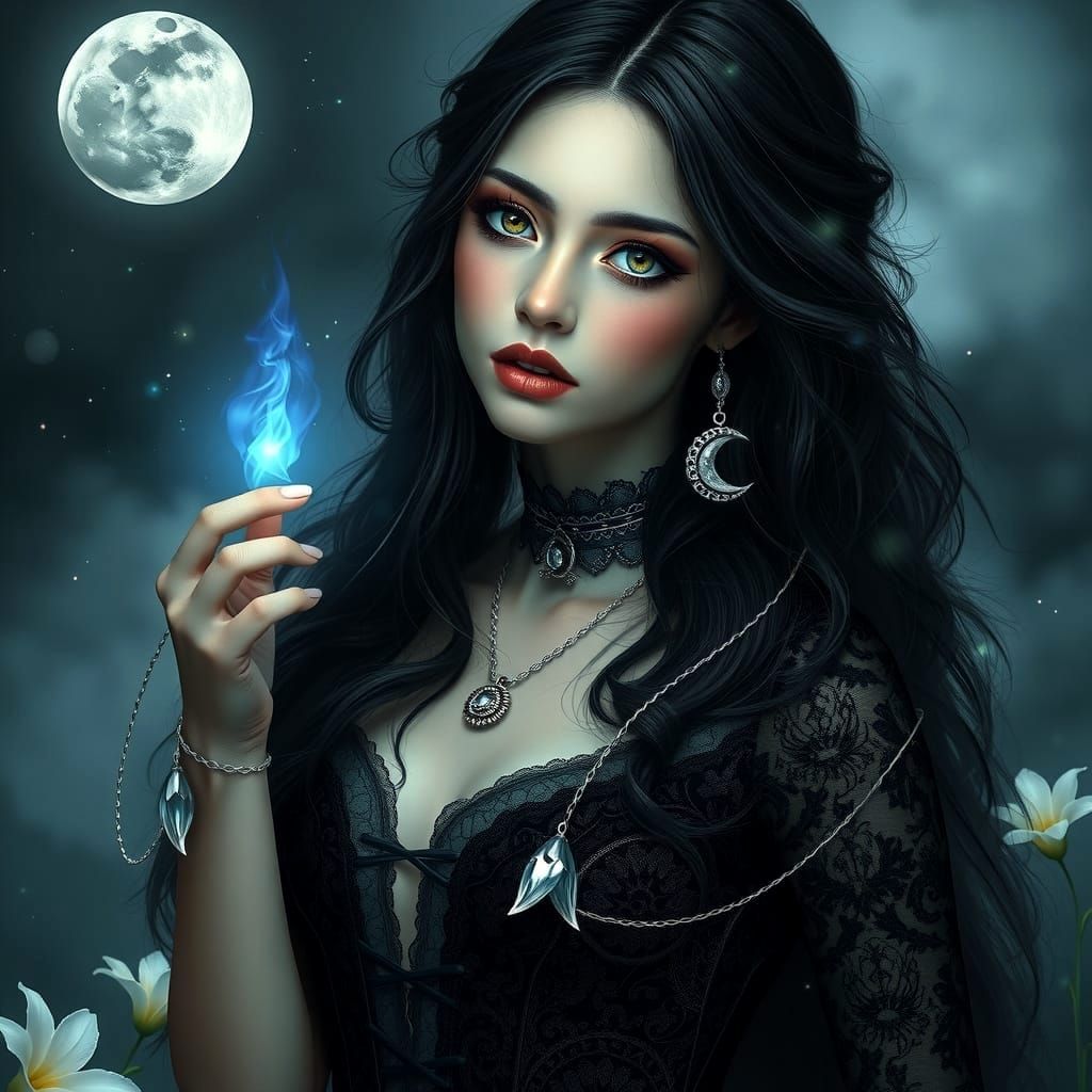 Surreal Gothic Woman Under Silver Moonlight