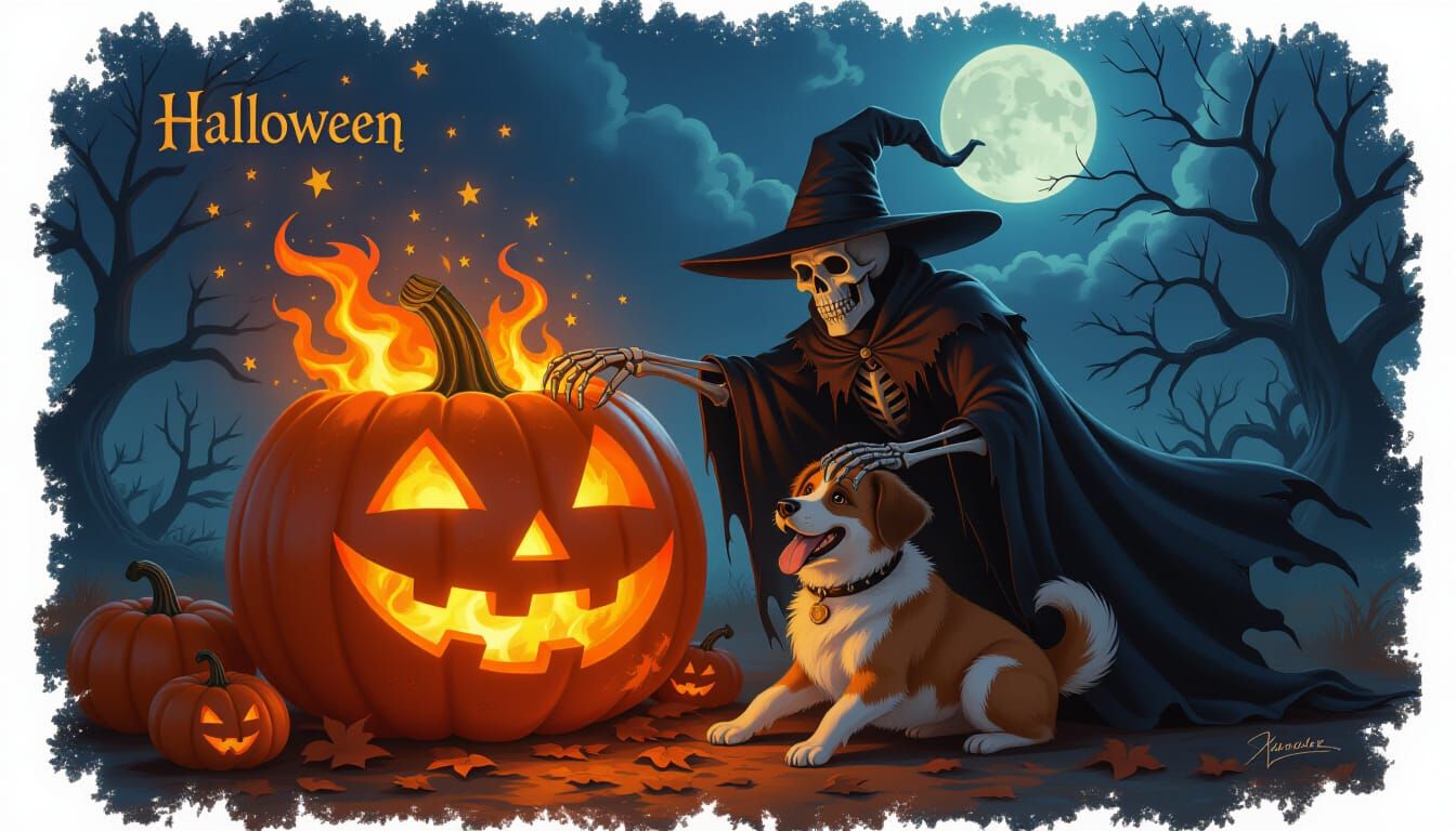 Halloween Pumpkin Ablaze in Misty Autumn Forest