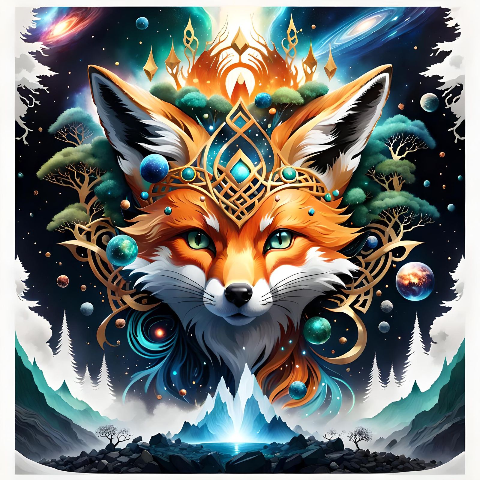 Galactic Fox Head Bursting with Celtic Symbols