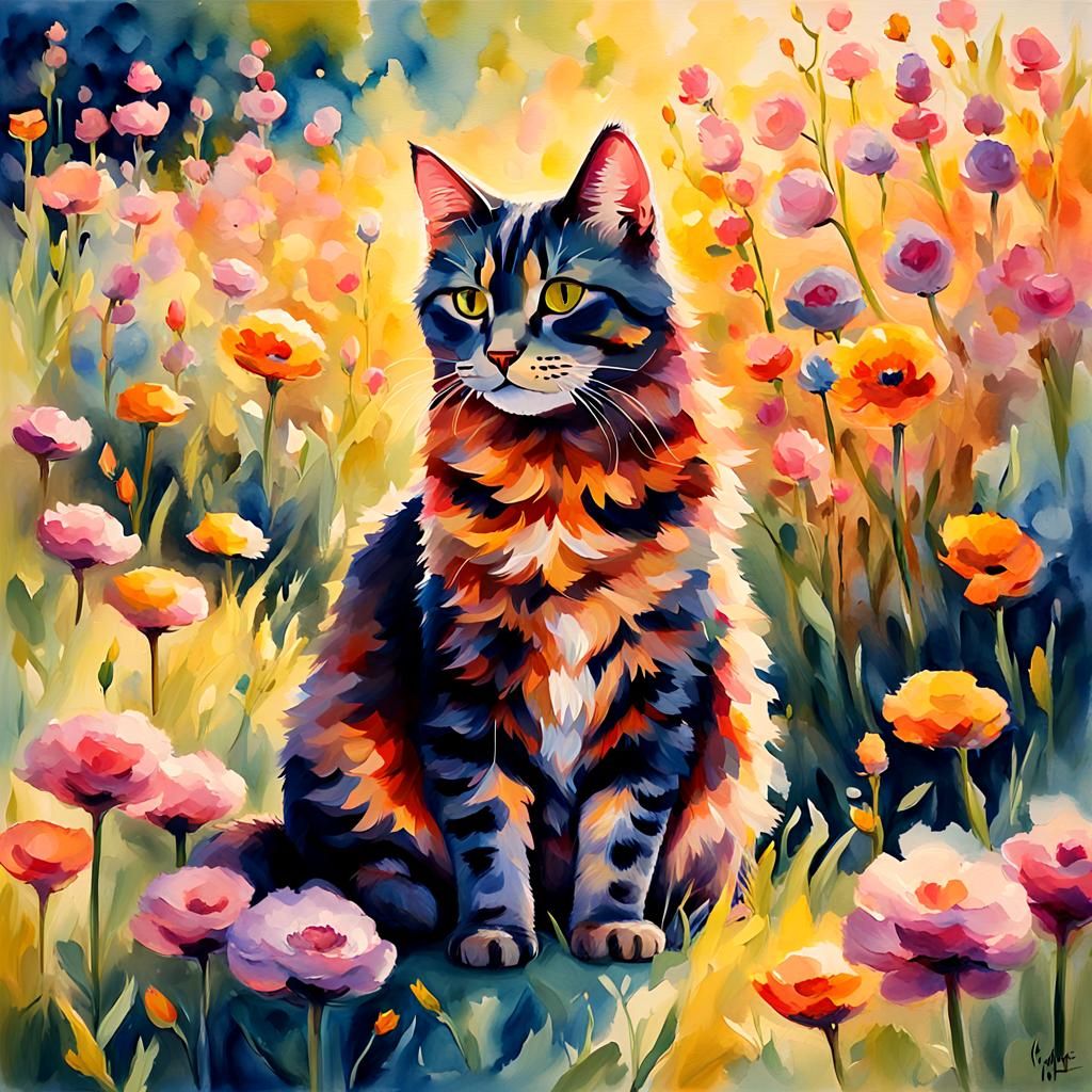 Tortoiseshell Cat in Flower Meadow: Impressionist Oil Painti...