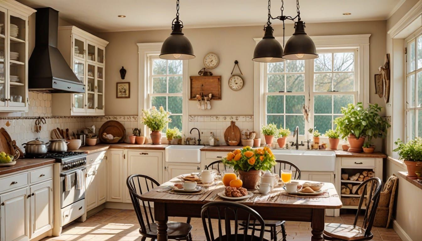 Bright Shabby Chic Country Kitchen Breakfast Nook with Vinta...