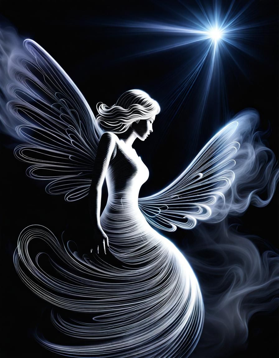 Holographic Smoke Angel with Aureole in Cyberpunk City