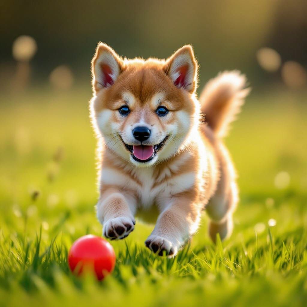 Fluffy Shiba Inu Puppy Chasing Ball in Meadow