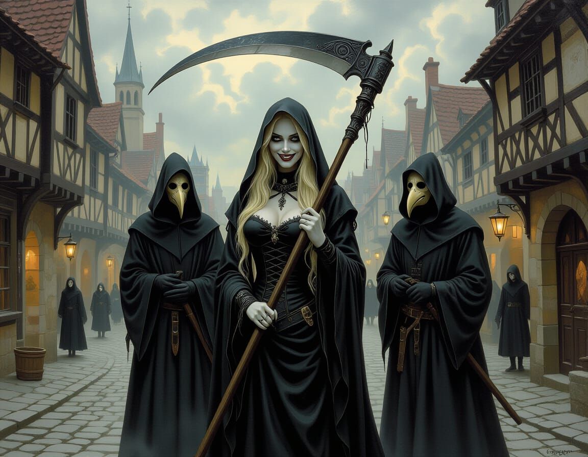 Grim Reaper Woman in Eerie Medieval Town as Impressionist Pa...
