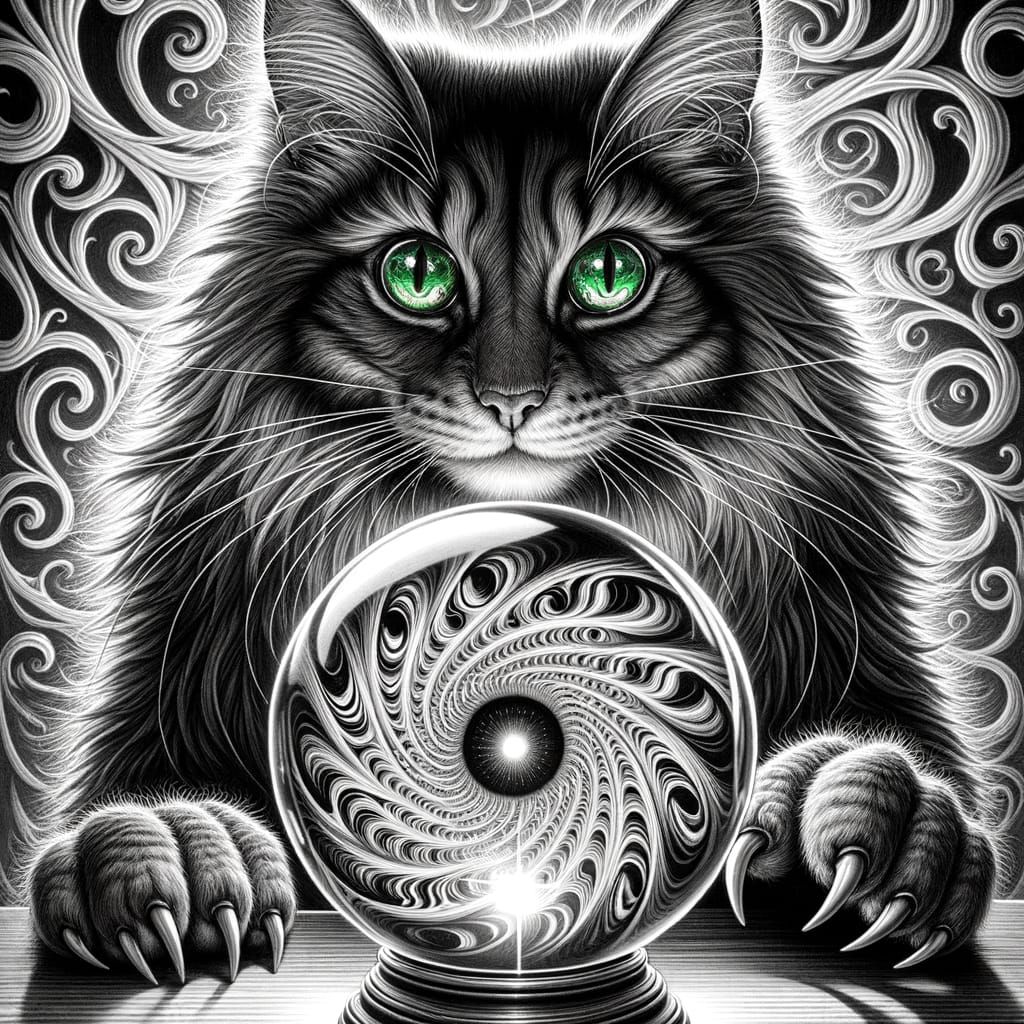 Anthropomorphic Cat in Hypnotic Pencil Sketch