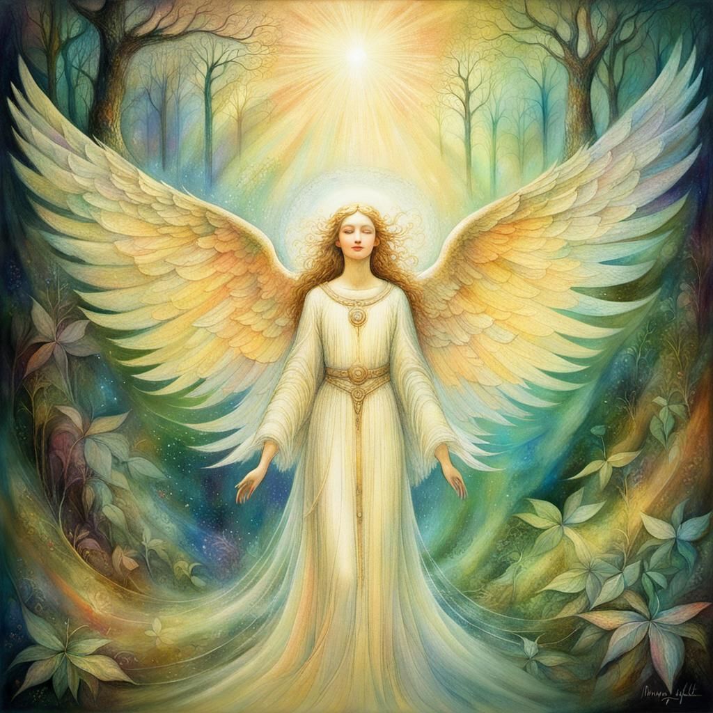 Ethereal Earth Angel in Lush Forest Oil Painting