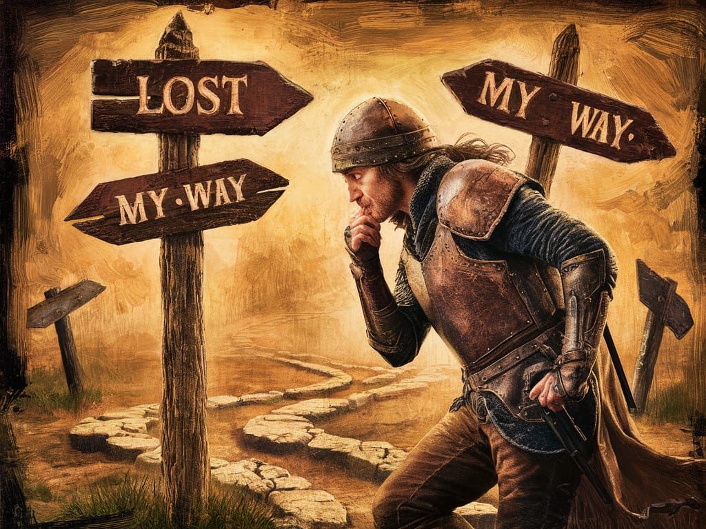 Adventurer at Crossroads in Medieval Fantasy Scene