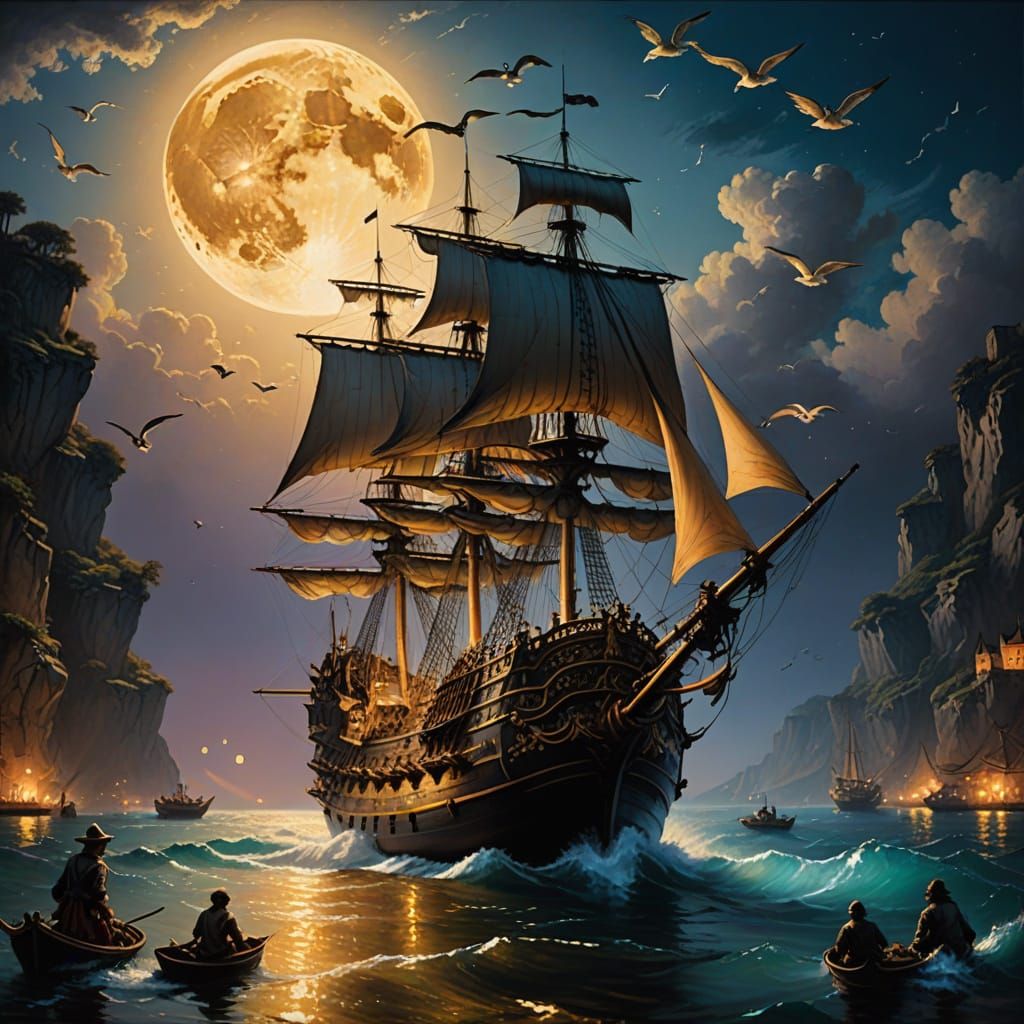 Golden Pirate Ship Sails Majestically Across Calm Waters in ...