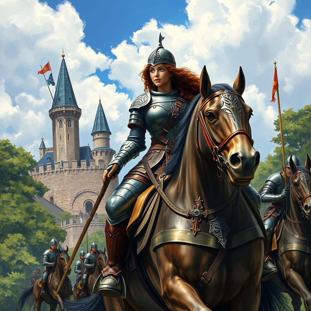 Medieval Knight Woman on Horseback in Oil Painting Style