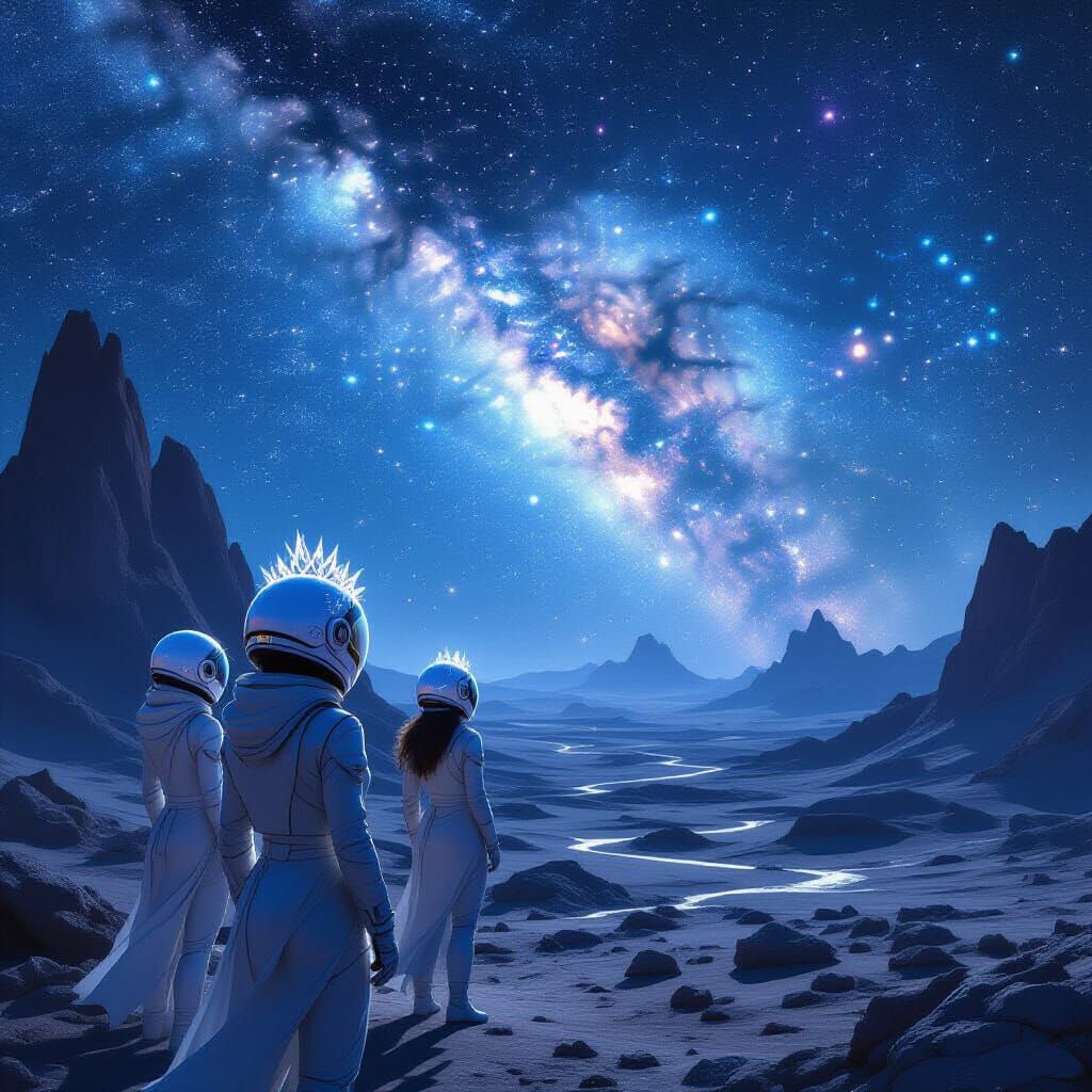 Astronauts on Alien Planet Admire Nebula, Crystal Helmets