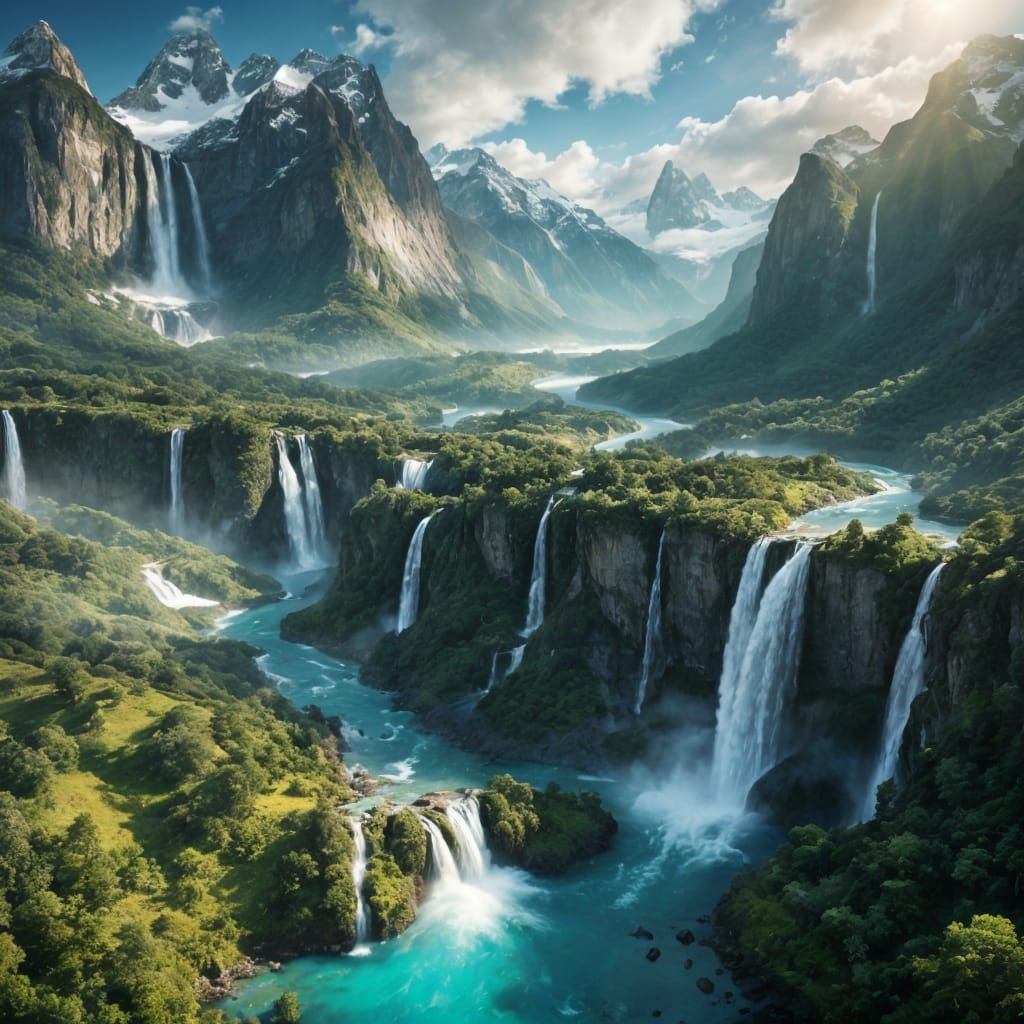 Majestic Waterfalls Amidst Snow-Capped Mountains