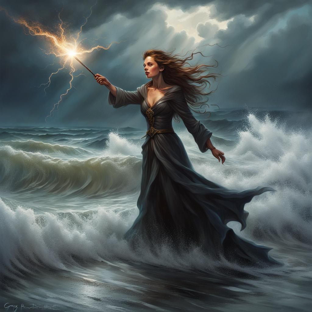 the beautiful sorceress emerges from the stormy sea with her...