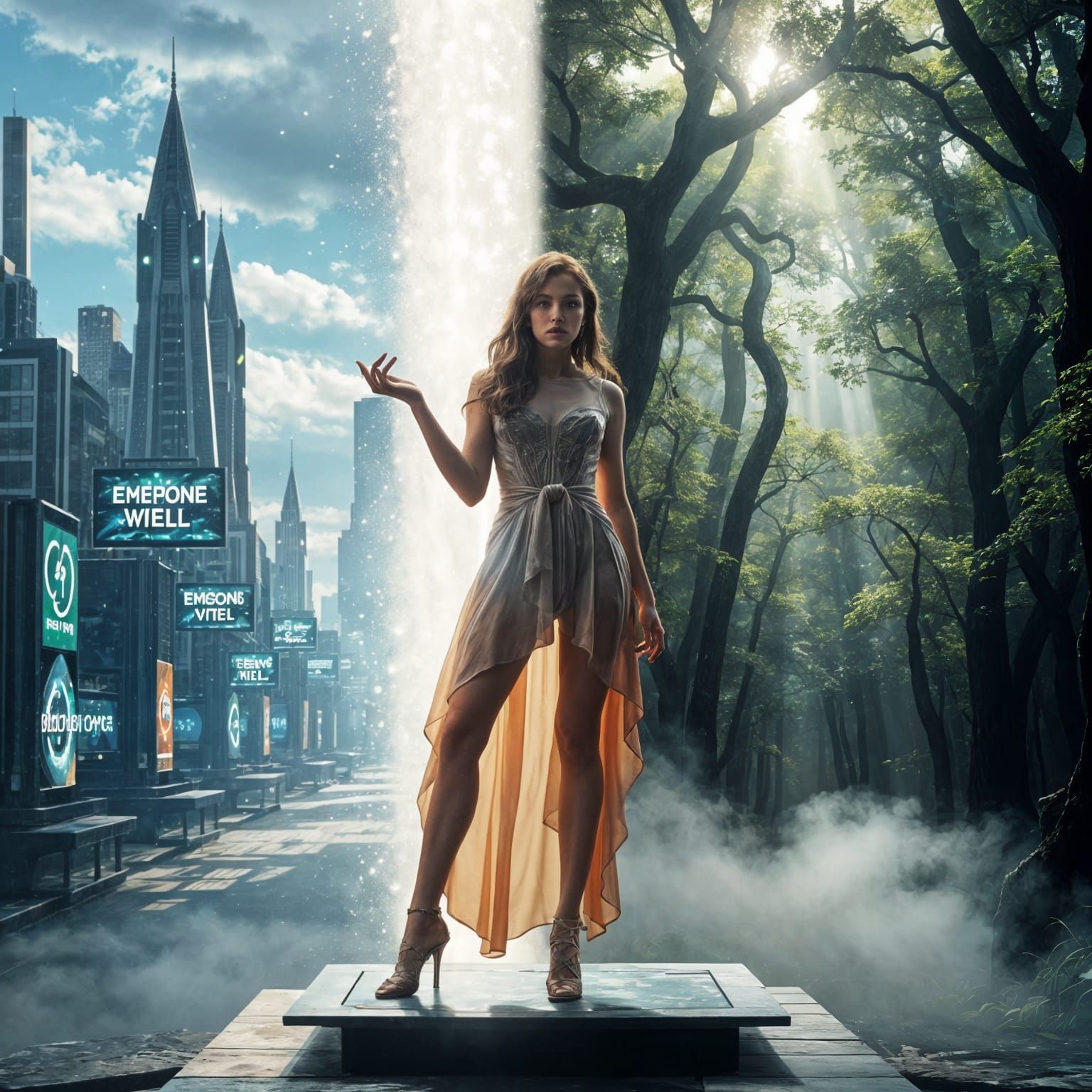 Teleportation Scene Between Futuristic City and Enchanted Fo...