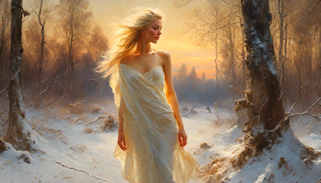 Close-up young vibrant blonde Swedish woman undressed frolicking in a snowy forest sun beaming down <lora:Impressionisti...