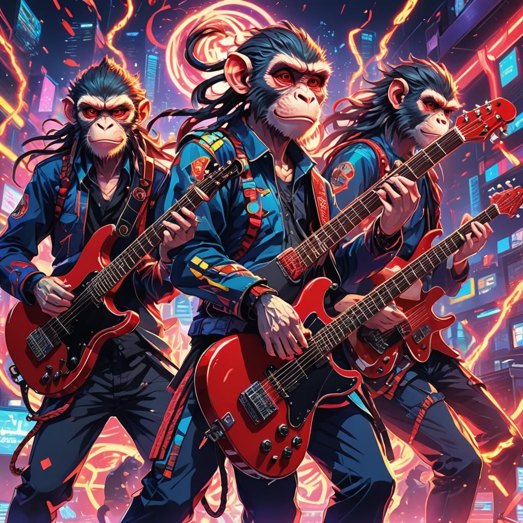 Monkey Musicians in Japanese Manga Style