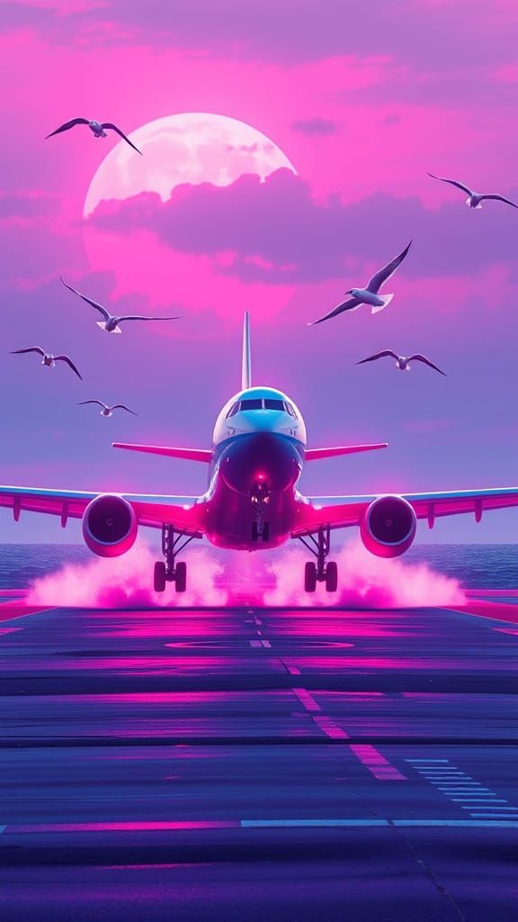 Plane Landing in Synthwave Style Near Ocean
