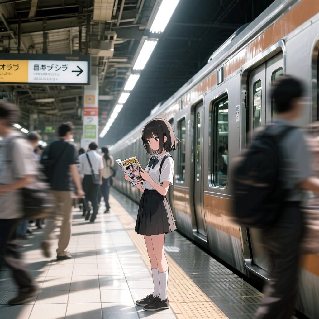 Anime Girl Reading Manga on Busy Tokyo Metro Platform