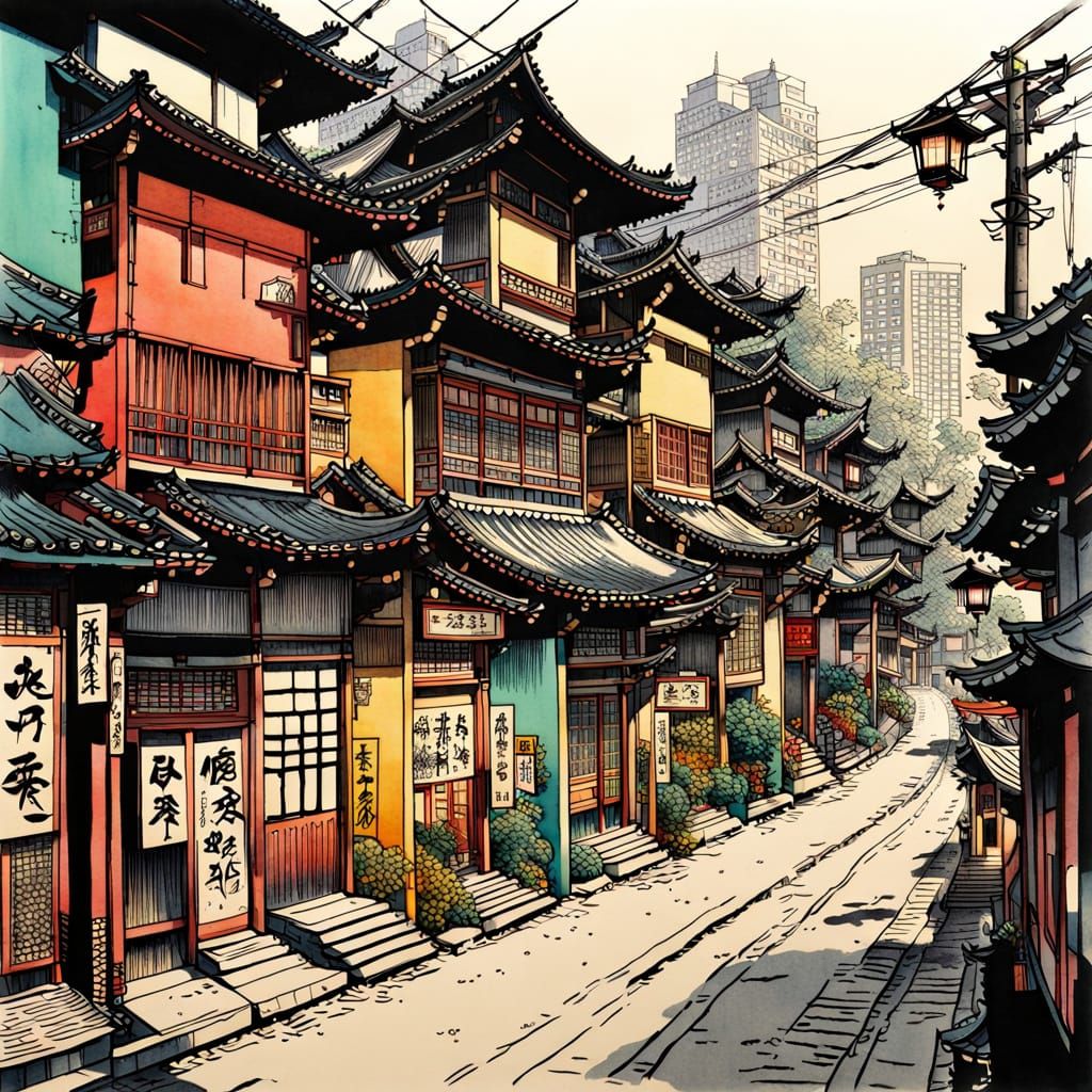 Vibrant Urban Scene in Ukiyo-e Style Japanese Art