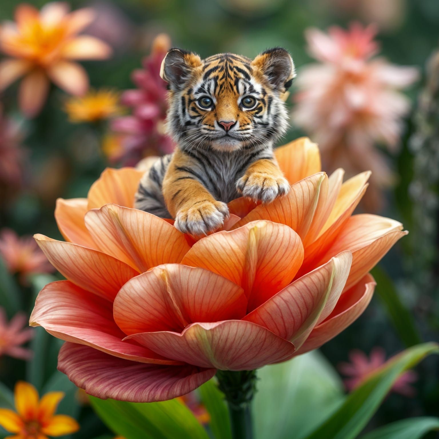 Tiny Tiger Sits Amidst Vibrant Floral Wonderland